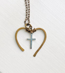 Brass Heart & Cross Necklace