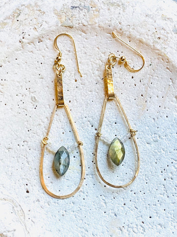 14k Bent Bar, Teardrop & Stones Earrings—CCGM333